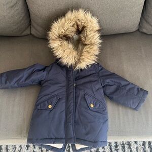 J. Crew Crewcuts toddler size 2 puffer jacket in navy blue, with faux fur hood.